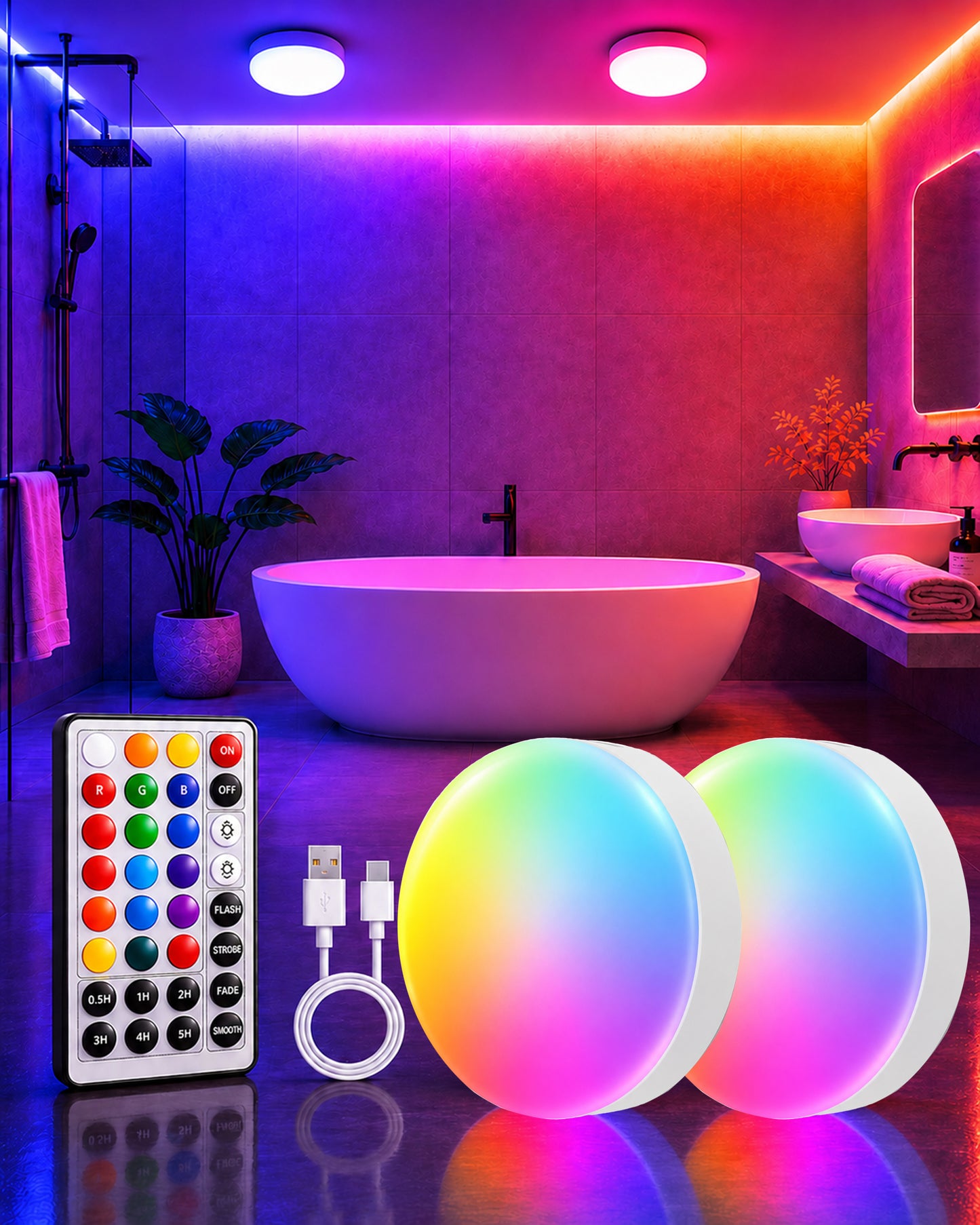 LYTARA Rechargeable Shower Light, 4″ Round, 300LM Bright, 4000mAh Waterproof Shower Lamp with Remote, 15 RGB Colors & 3 CCT White, Dimmable Cordless LED Bathroom Light, Magnetic Mount Mood Lighting