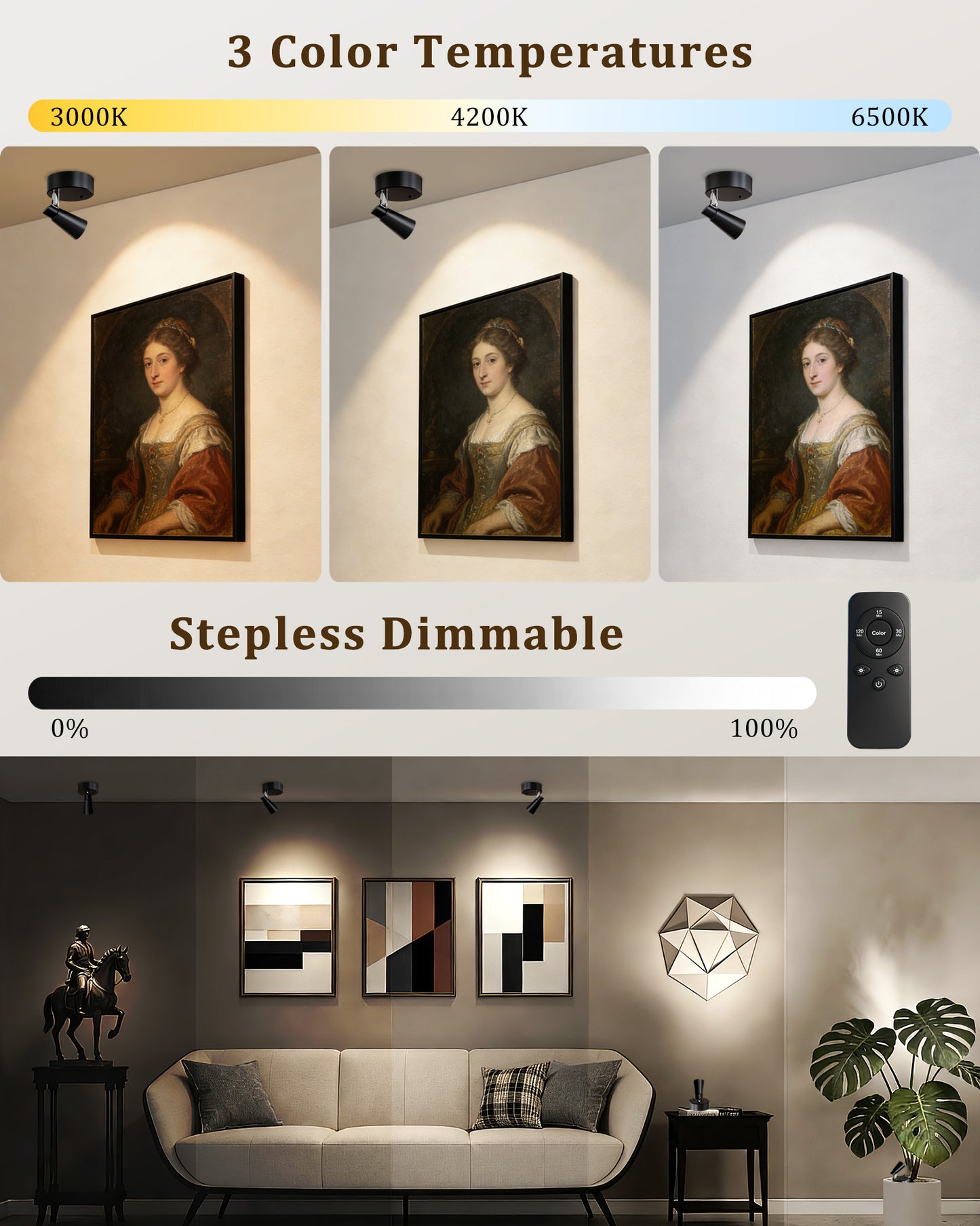 LED Spotlights Indoor, 5500mAh Rechargeable Picture Lights, Dimmable&Timer, 3CCT, Cordless LED Uplights with Remote, Max 150LM, Accent Lighting for Artwork Plants Painting