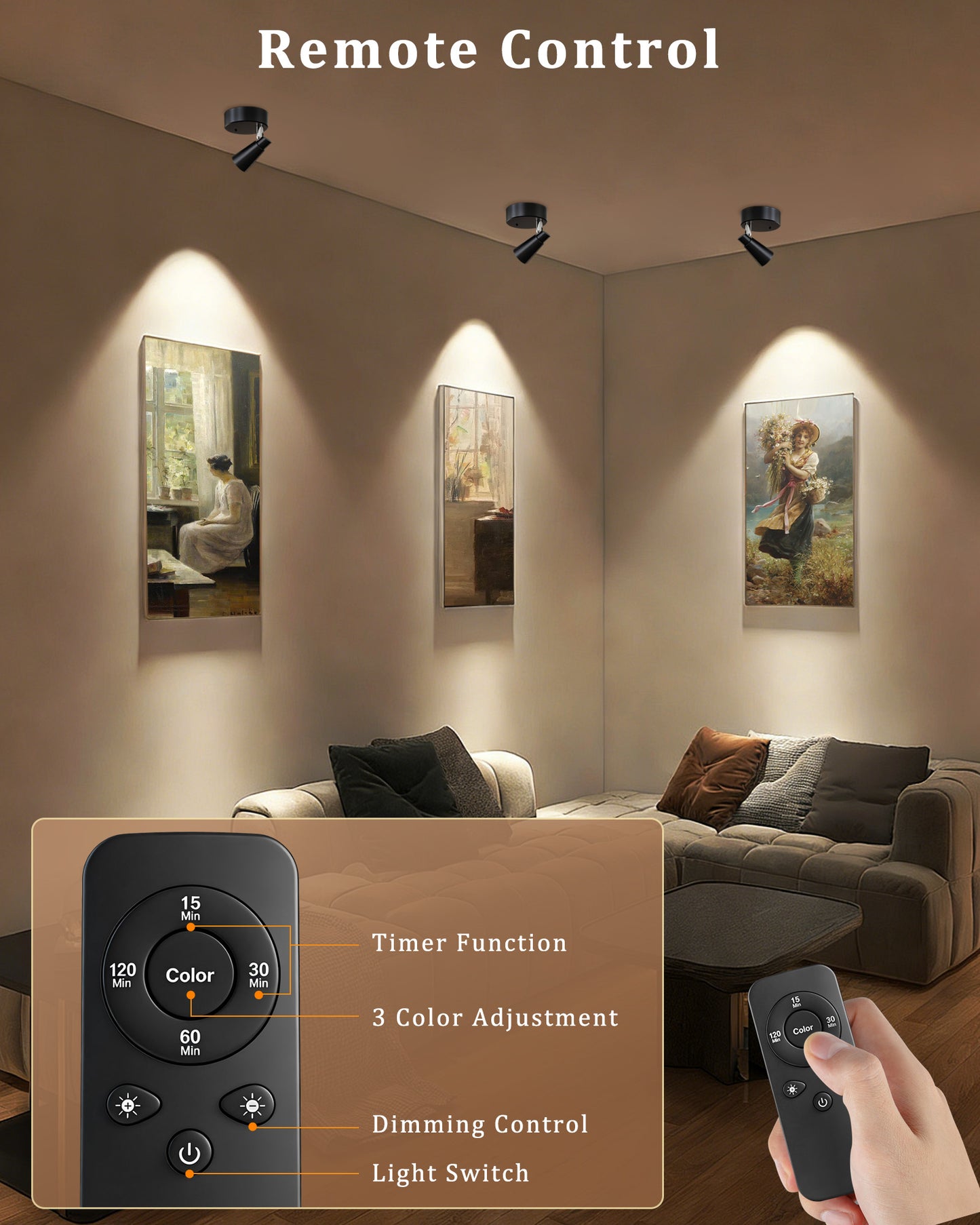 LED Spotlights Indoor, 5500mAh Rechargeable Picture Lights, Dimmable&Timer, 3CCT, Cordless LED Uplights with Remote, Max 150LM, Accent Lighting for Artwork Plants Painting