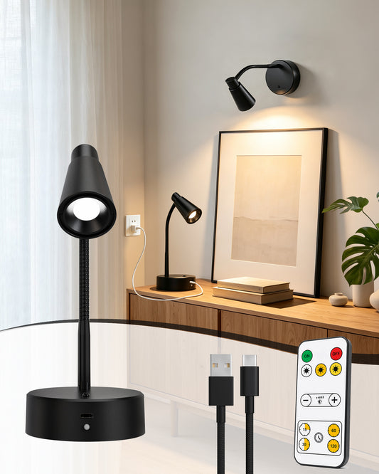 Picture Lights for Wall, 2 Pack 2500mAh Rechargeable Portable Magnetic Lamps with Flexible Gooseneck, Cordless LED Art & Reading Lights, Remote, Timer, 3 Color Temps, Stepless Dimmable (Black,2P)