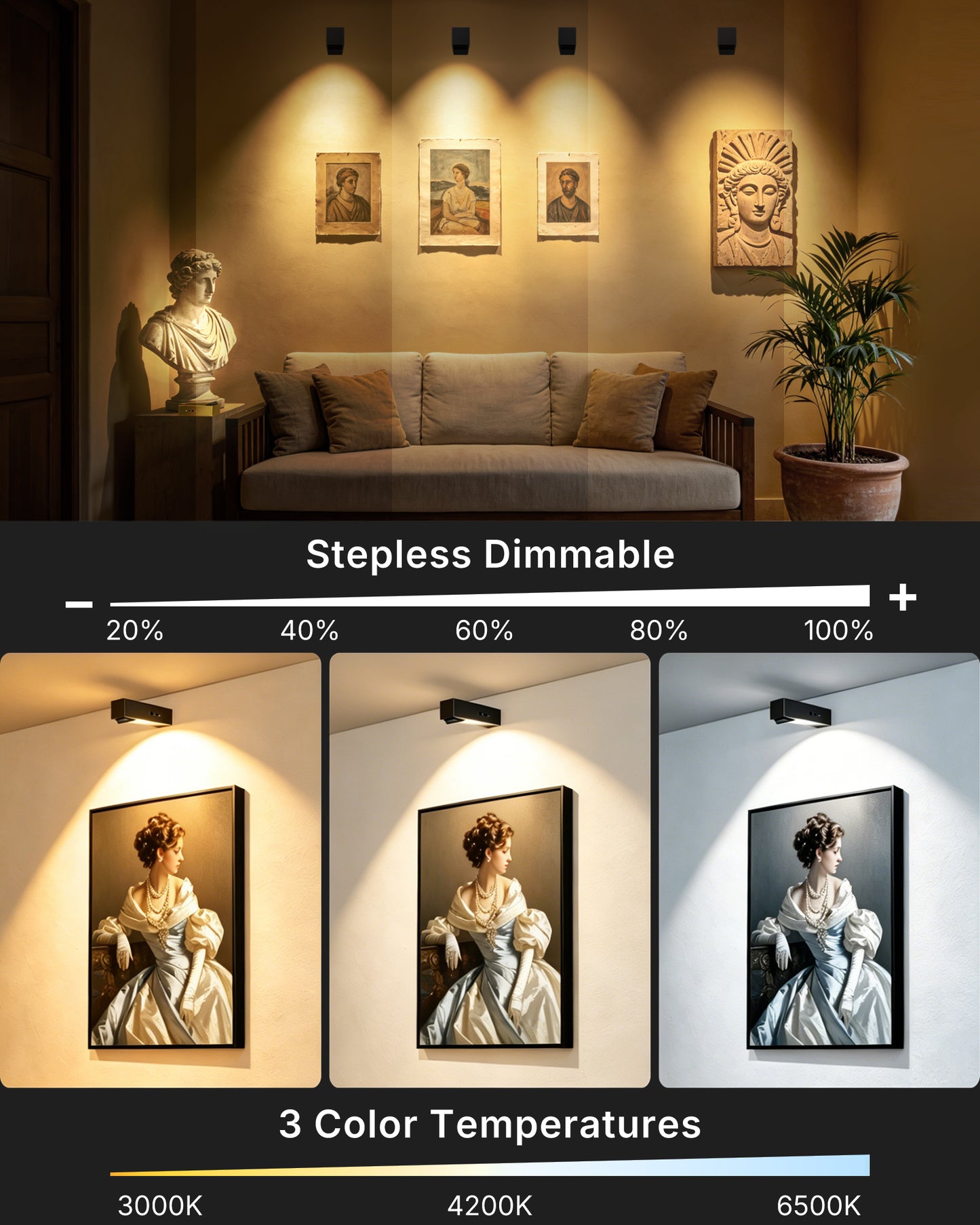 LYTARA Picture Lights for Wall, Metal Rechargeable 5000mAh Battery Lights with 60° Pivoting Head, Remote, Timer, 3 CCTs & Dimmable Magnetic LED Art Display Lights for Painting