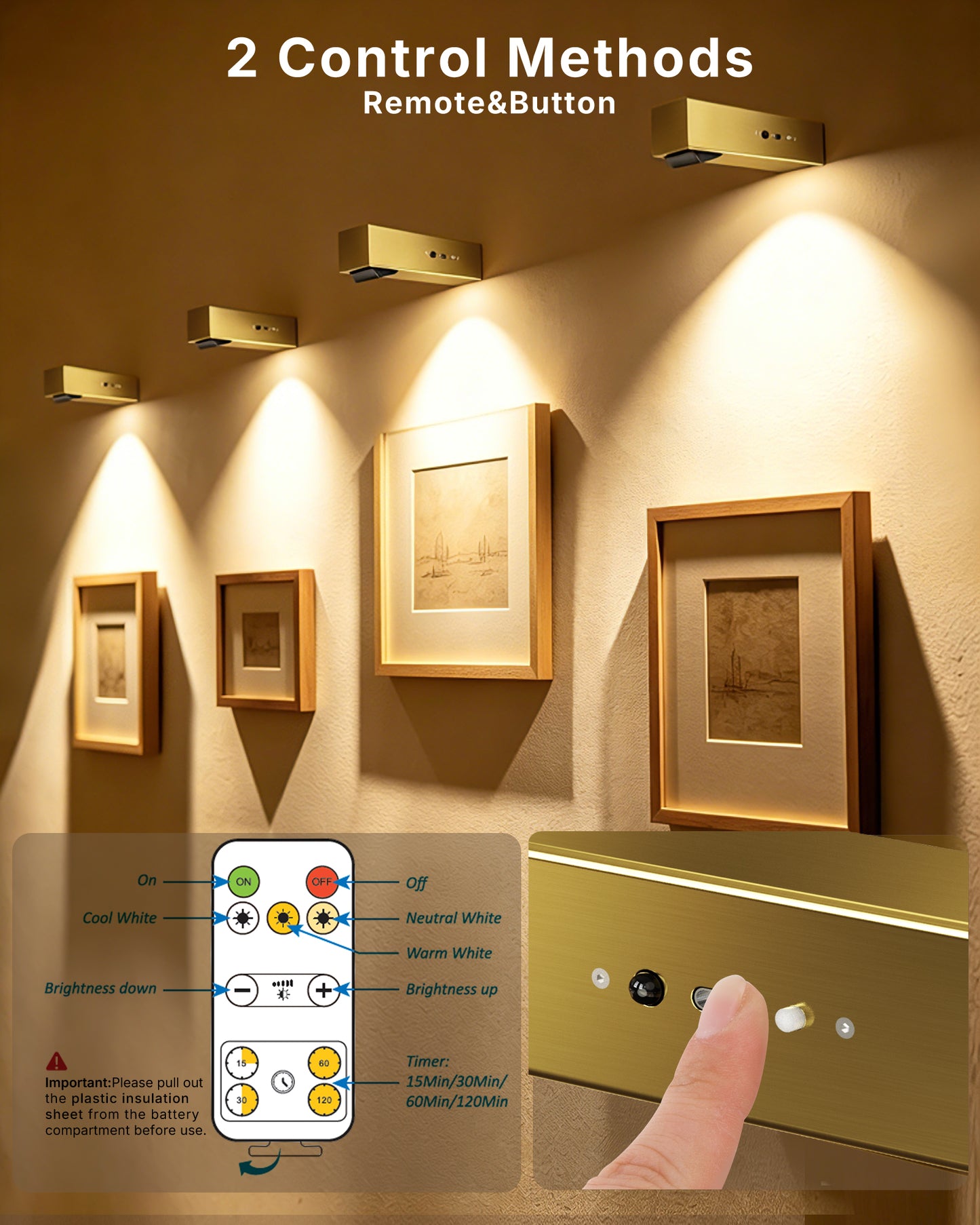 LYTARA Picture Lights for Wall, Metal Rechargeable 5000mAh Battery Lights with 60° Pivoting Head, Remote, Timer, 3 CCTs & Dimmable Magnetic LED Art Display Lights for Painting