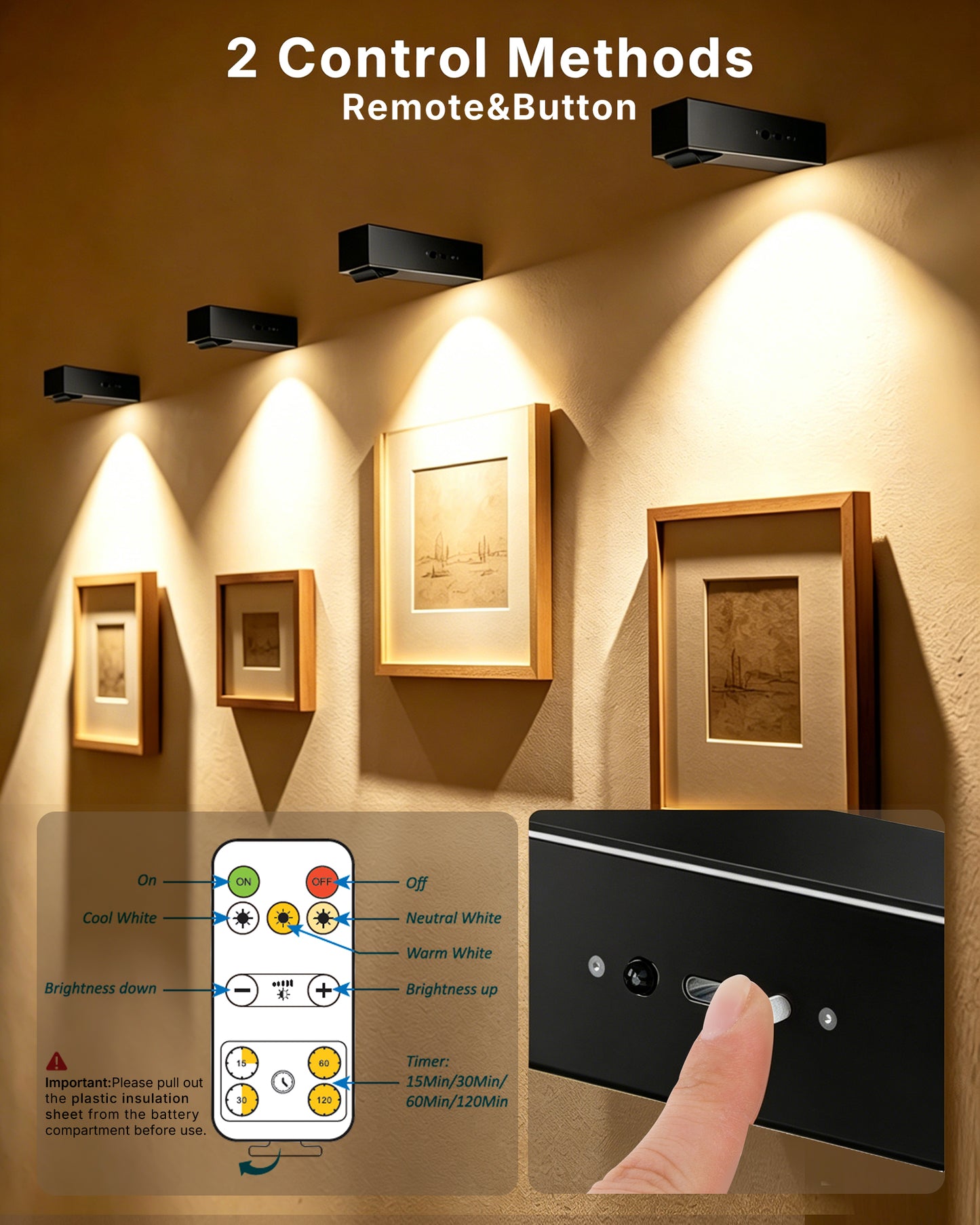 LYTARA Picture Lights for Wall, Metal Rechargeable 5000mAh Battery Lights with 60° Pivoting Head, Remote, Timer, 3 CCTs & Dimmable Magnetic LED Art Display Lights for Painting